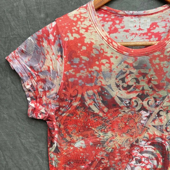 Go Jeans Shirt Floral Burnout Shirt Womens Medium Red Dragon Los Angeles Y2k 90s - Picture 6 of 11
